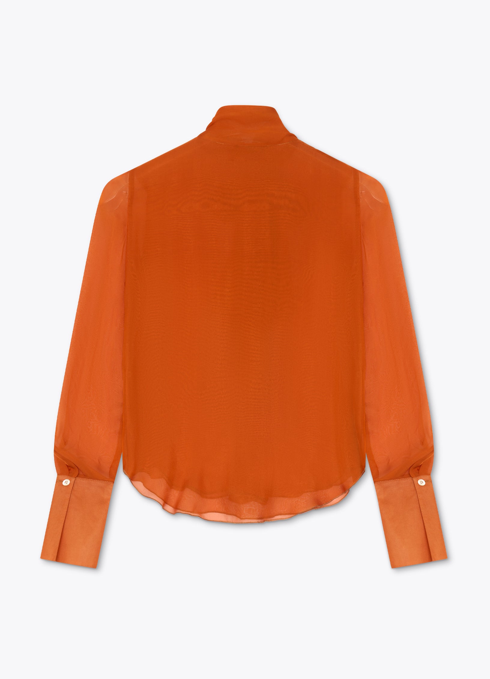 Back view of burnt orange silk bow blouse with sheer long sleeves