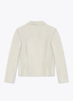 Back view of stone tailored jacket with structured silhouette