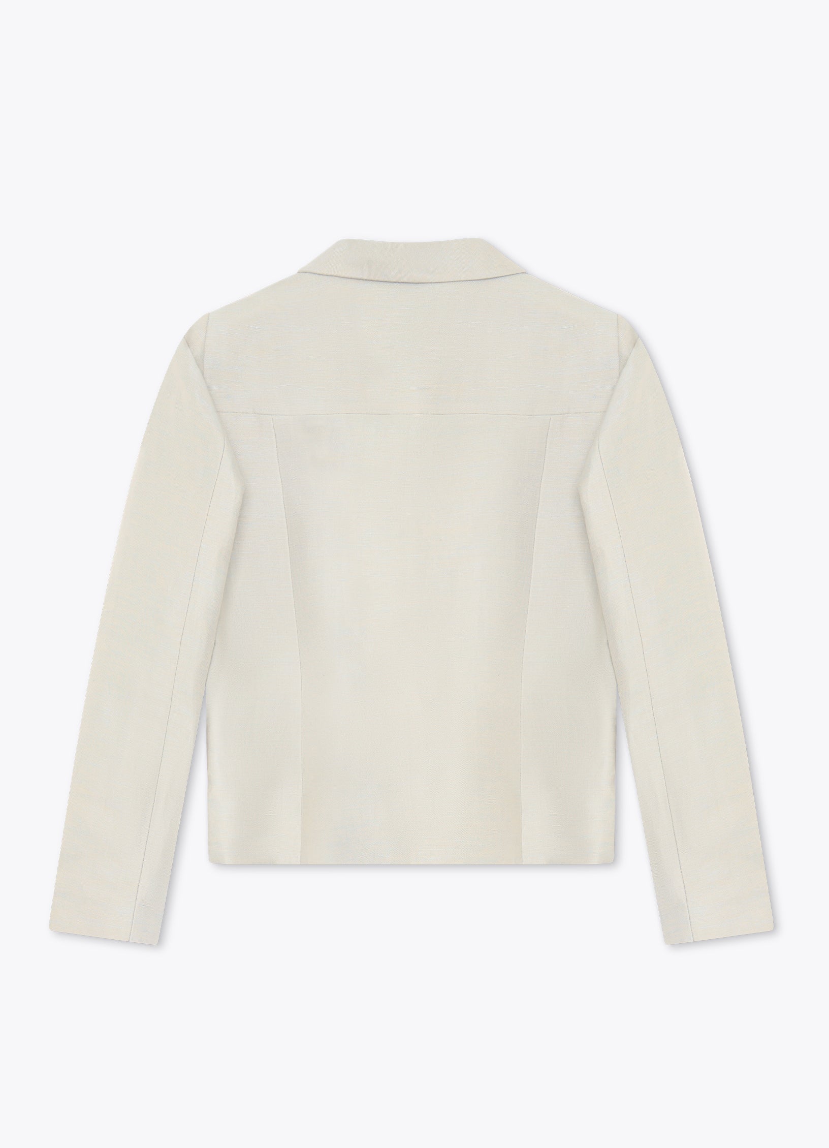 Back view of stone tailored jacket with structured silhouette