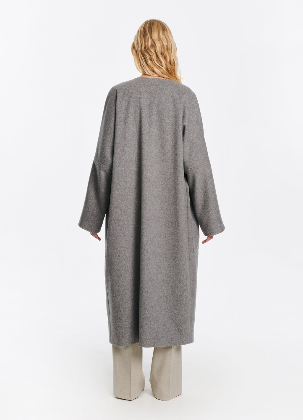 SCHOENBACH oversized collarless baby alpaca wool coat in light grey, back view