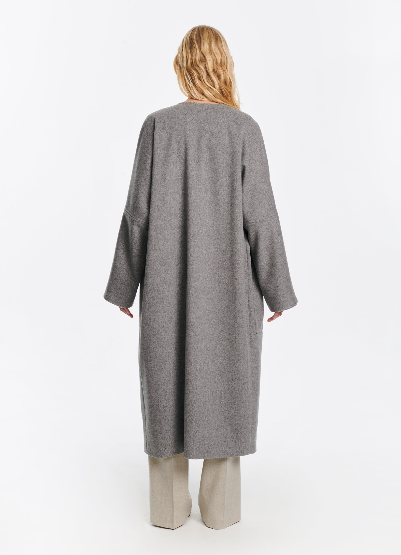 SCHOENBACH oversized collarless baby alpaca wool coat in light grey, back view