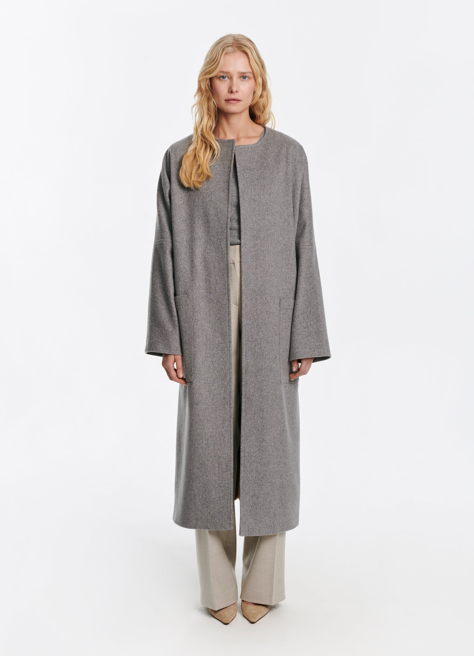 SCHOENBACH oversized collarless baby alpaca wool coat in light grey, front view
