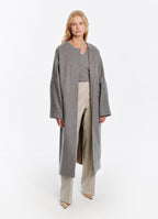 SCHOENBACH oversized collarless baby alpaca wool coat in light grey, full length view