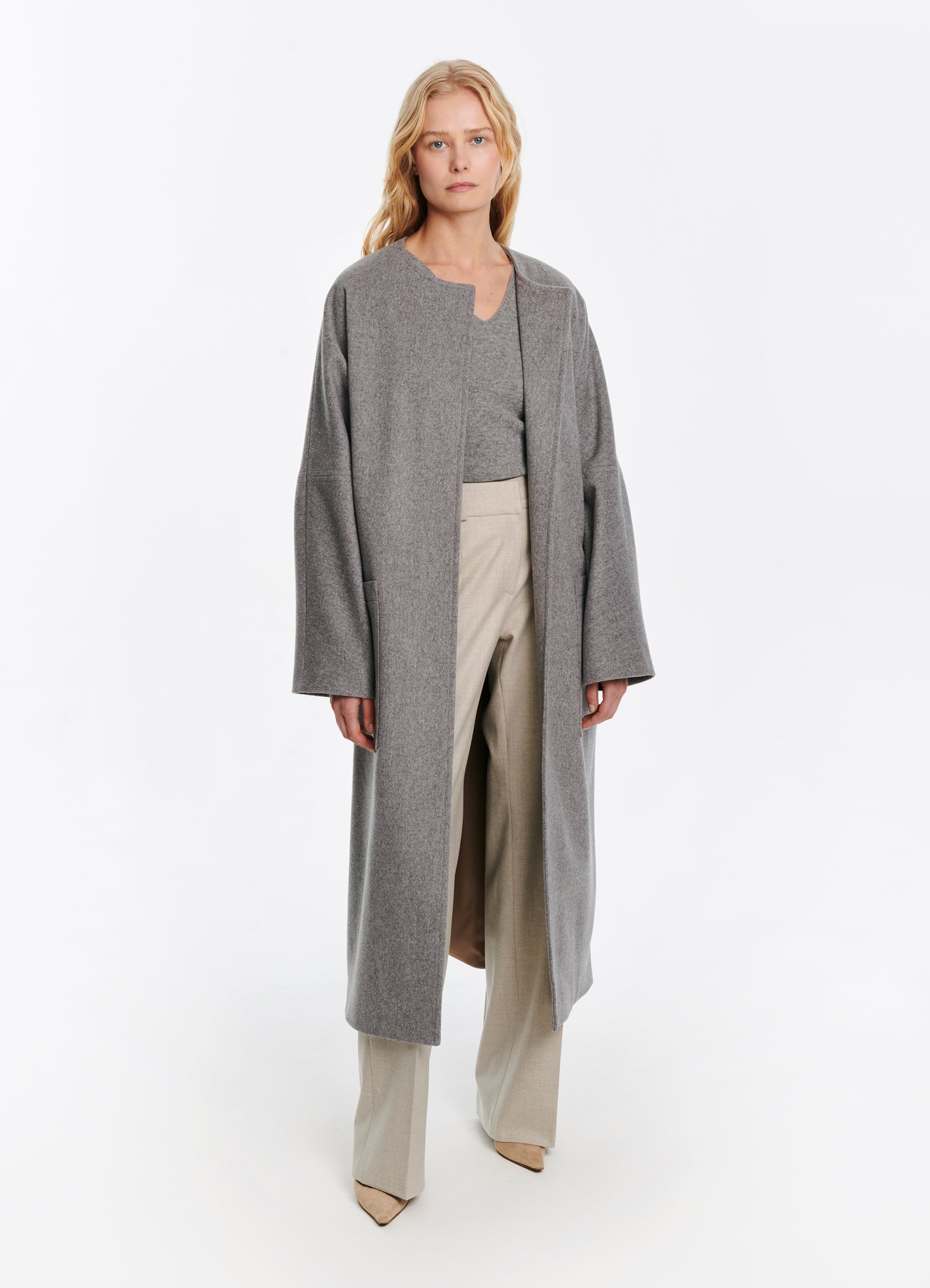 SCHOENBACH oversized collarless baby alpaca wool coat in light grey, full length view