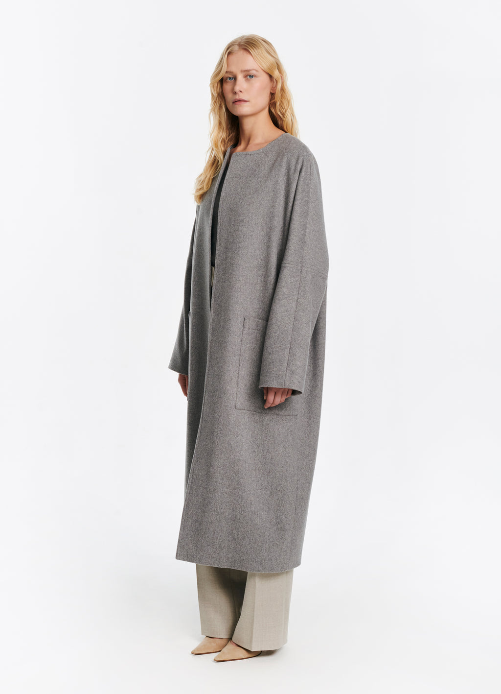 SCHOENBACH oversized collarless baby alpaca wool coat in light grey, side view