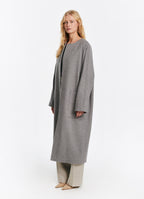 SCHOENBACH oversized collarless baby alpaca wool coat in light grey, side view