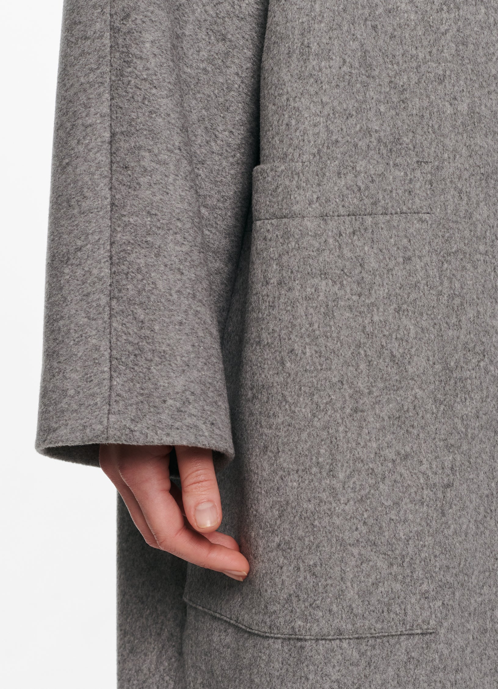 SCHOENBACH oversized collarless baby alpaca wool coat in light grey, sleeve detail