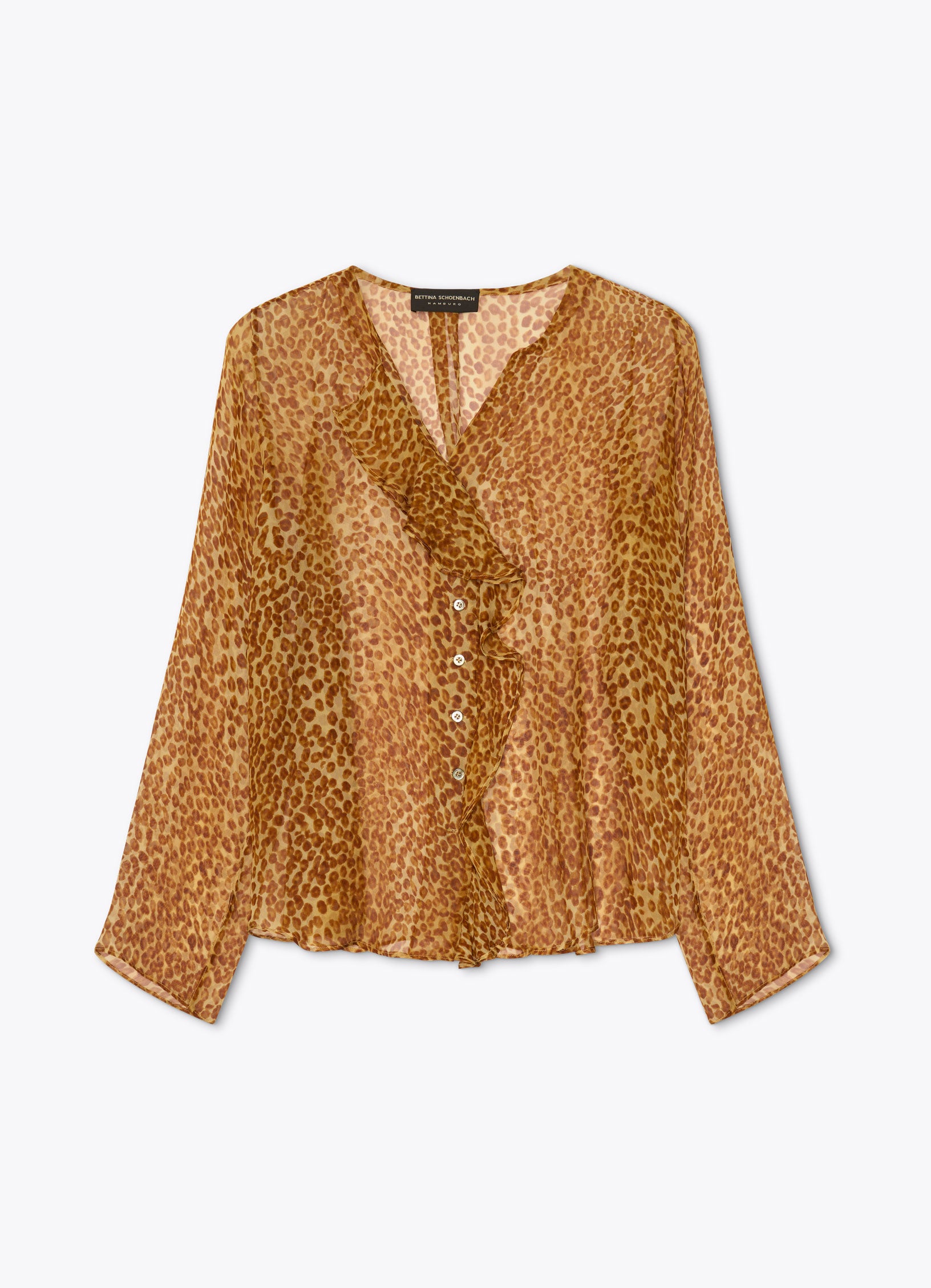 Ruffled silk blouse in abstract ozelot print with front ruffle detailing