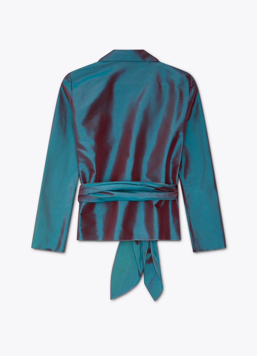 Silk taffeta wrap blouse in petrol back view with structured silhouette and tie waist