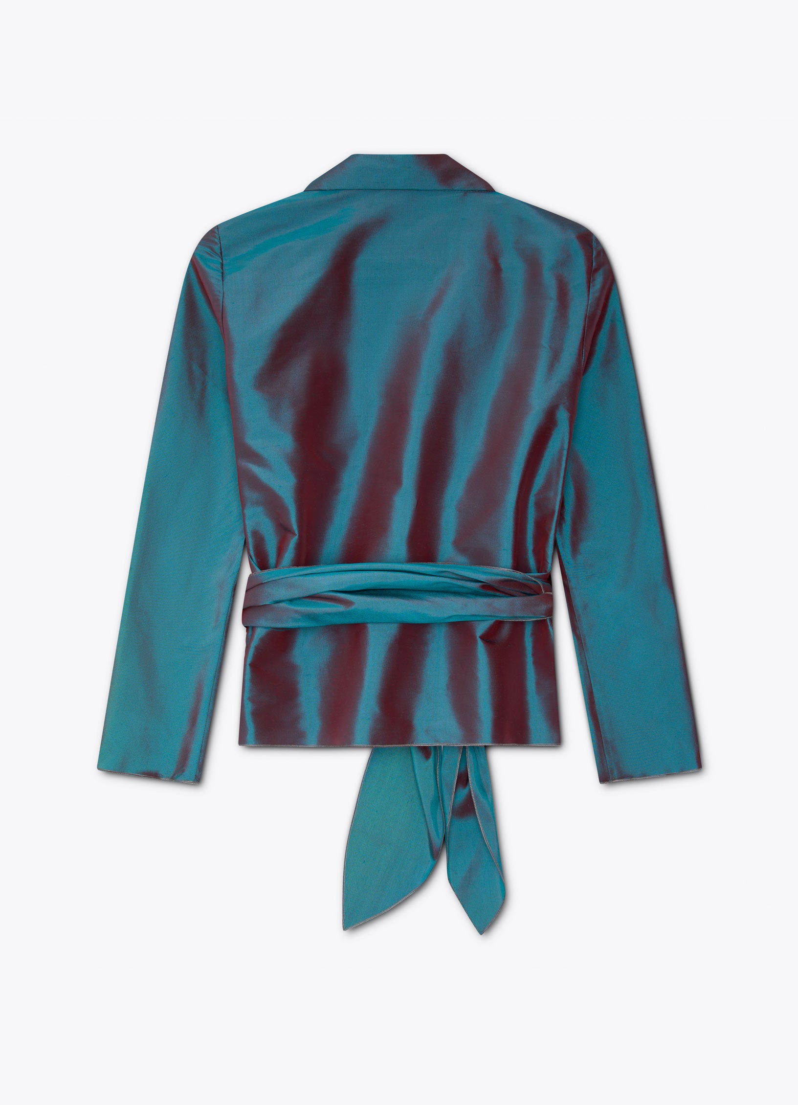 Silk taffeta wrap blouse in petrol back view with structured silhouette and tie waist
