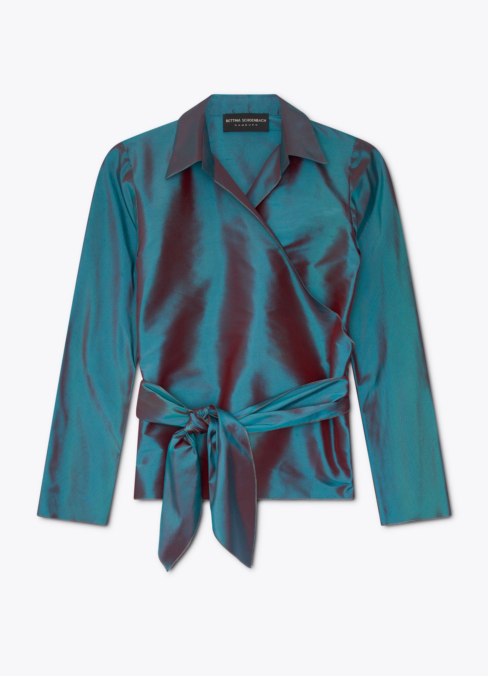 Silk taffeta wrap blouse in petrol front view with wrap construction and tie belt