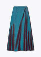 Silk taffeta long skirt in petrol back view with A-line silhouette and clean waist