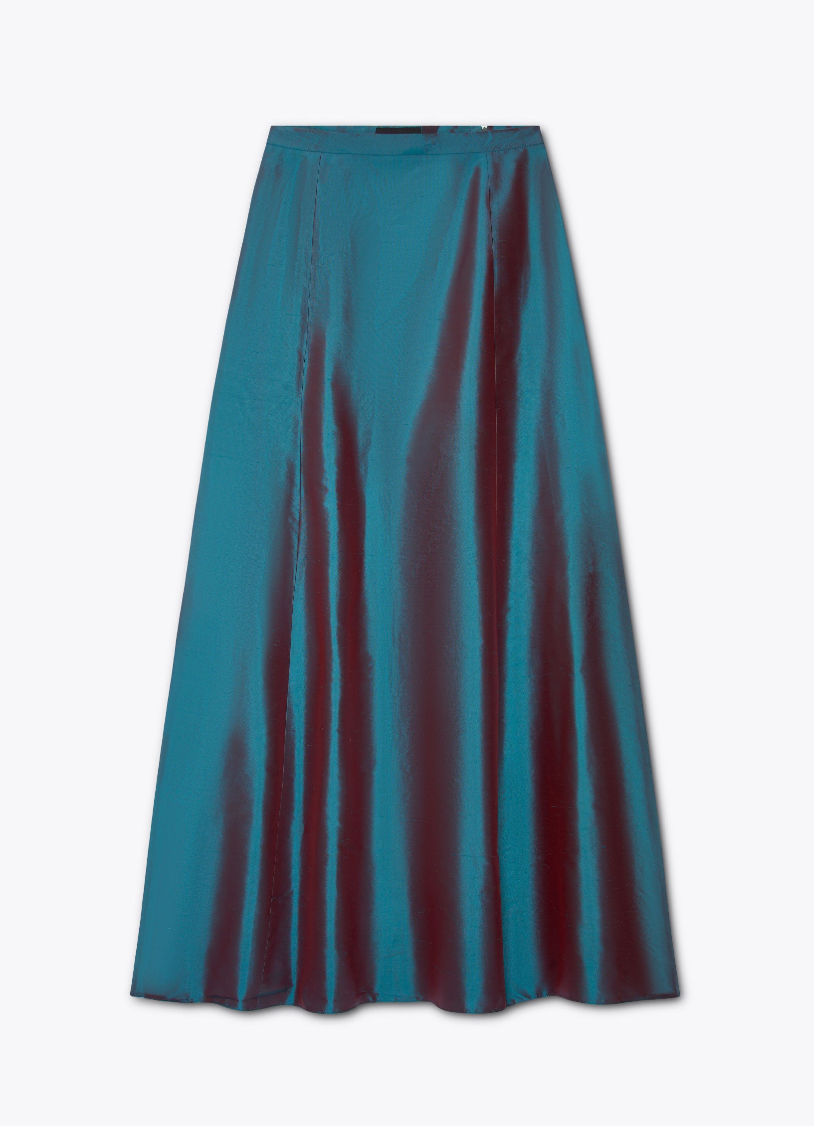 Silk taffeta long skirt in petrol front view with A-line shape and fluid structure