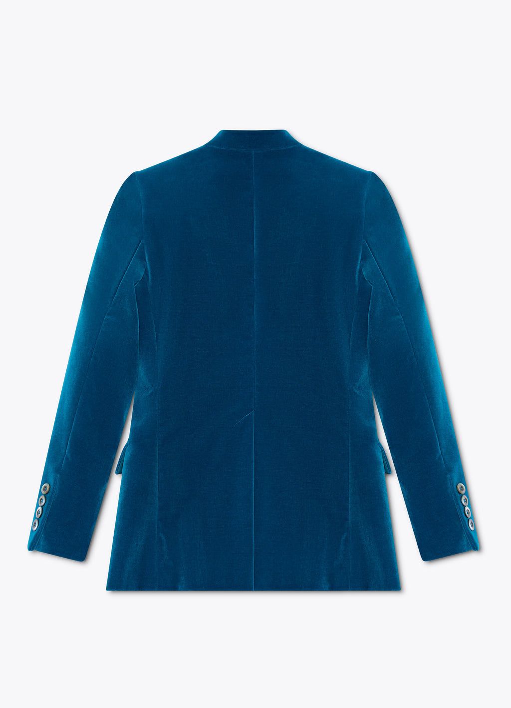 Tailored velvet jacket in petrol back view with fitted silhouette and centre seam