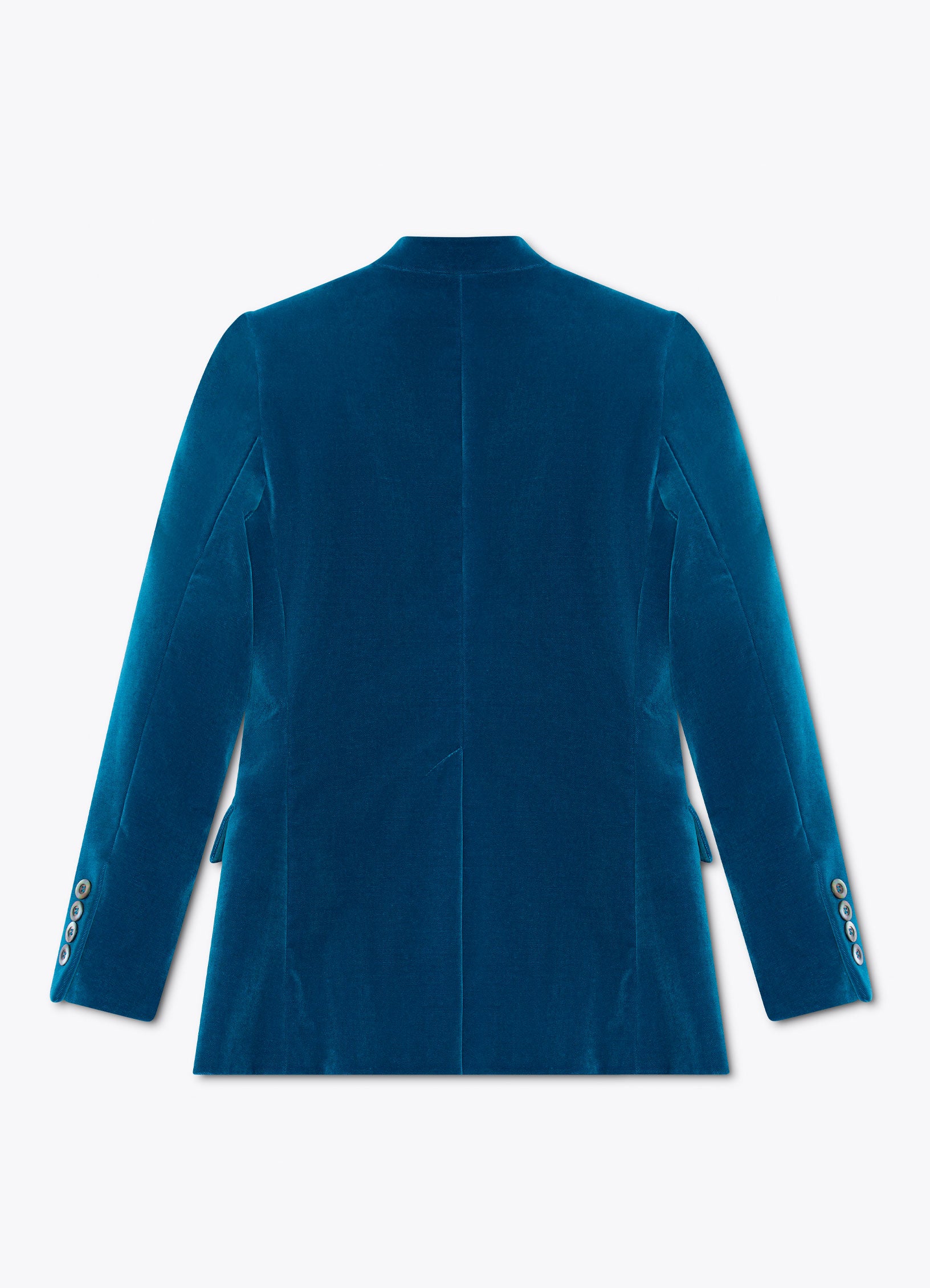 Tailored velvet jacket in petrol back view with fitted silhouette and centre seam