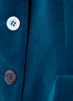 Petrol cotton velvet jacket detail with mother-of-pearl buttons and soft texture