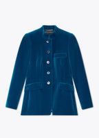Tailored velvet jacket in petrol front view with stand collar and flap pockets