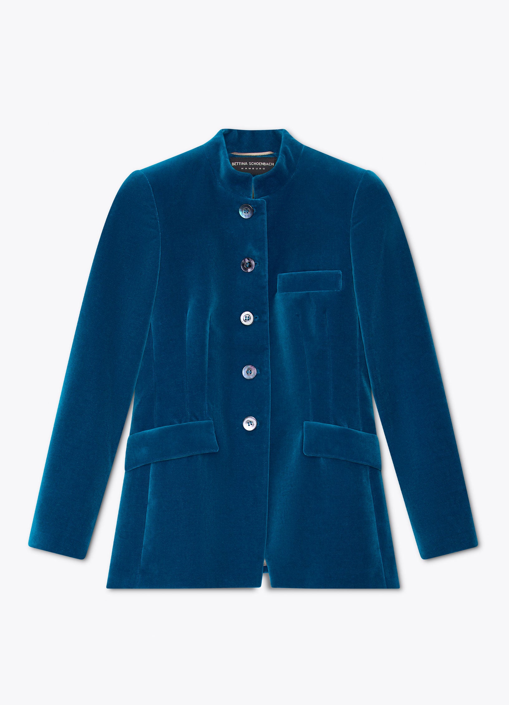 Tailored velvet jacket in petrol front view with stand collar and flap pockets
