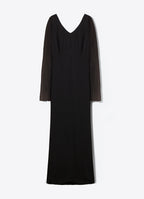 SCHOENBACH princess virgin wool and silk-chiffon maxi dress in black, front flat view showing full-length silhouette
