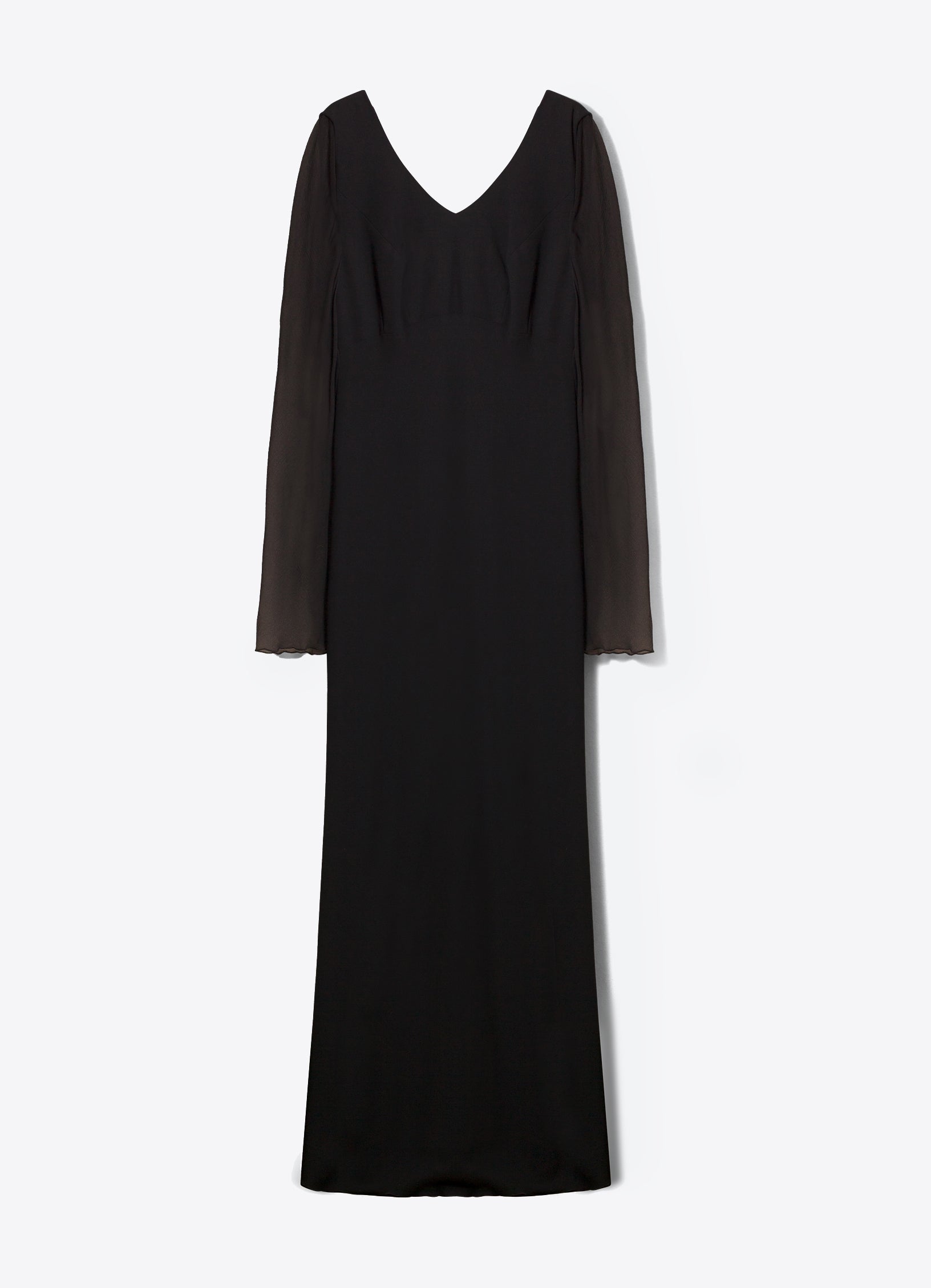SCHOENBACH princess virgin wool and silk-chiffon maxi dress in black, front flat view showing full-length silhouette