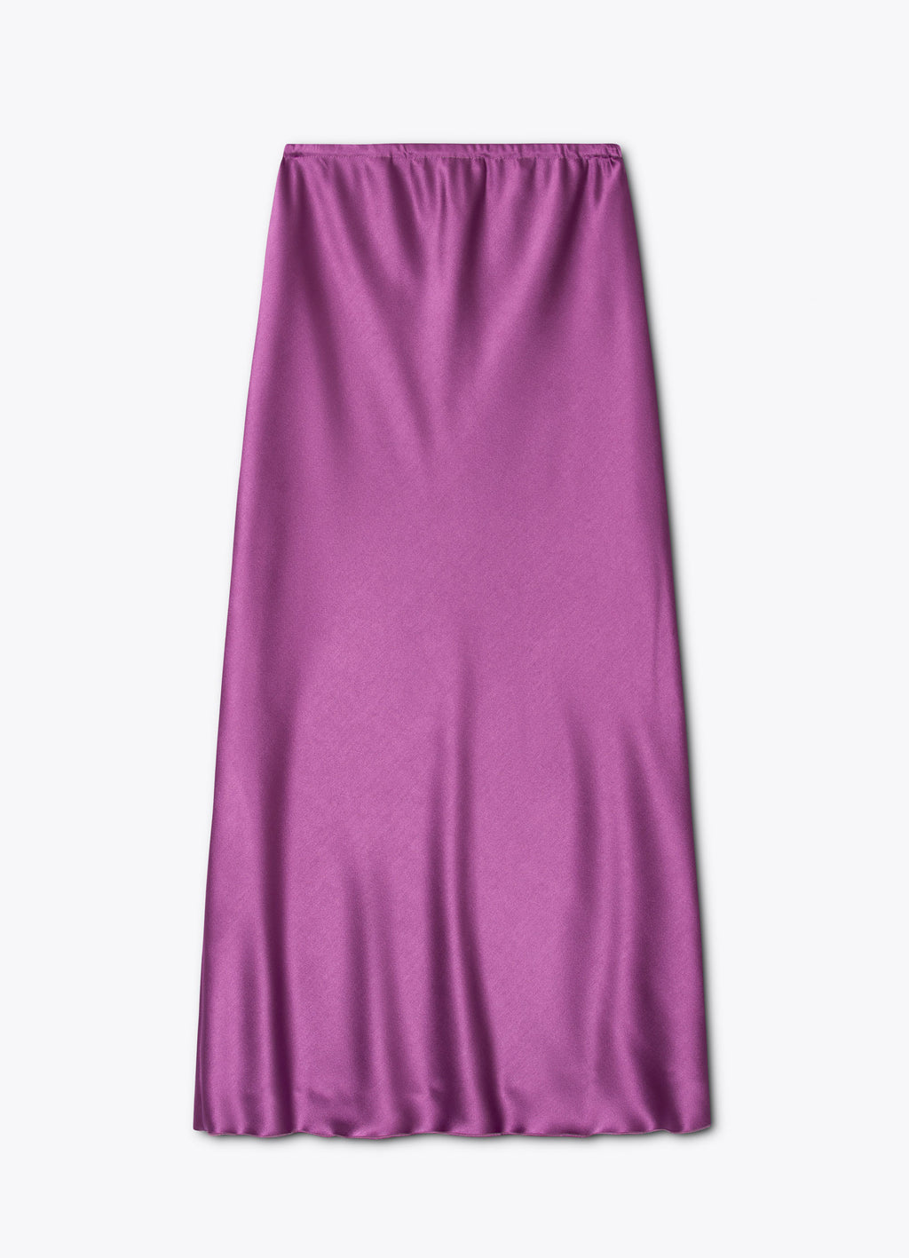 Satin midi skirt in light purple back view with clean silhouette and soft A-line shape