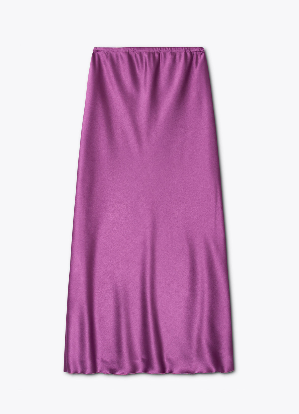 Satin midi skirt in light purple back view with clean silhouette and soft A-line shape