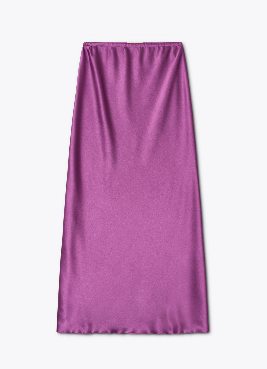 Satin midi skirt in light purple front view with bias cut and fluid drape