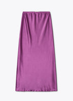 Satin midi skirt in light purple front view with bias cut and fluid drape