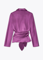 Satin wrap blouse in light purple back view with wrap tie and long sleeves
