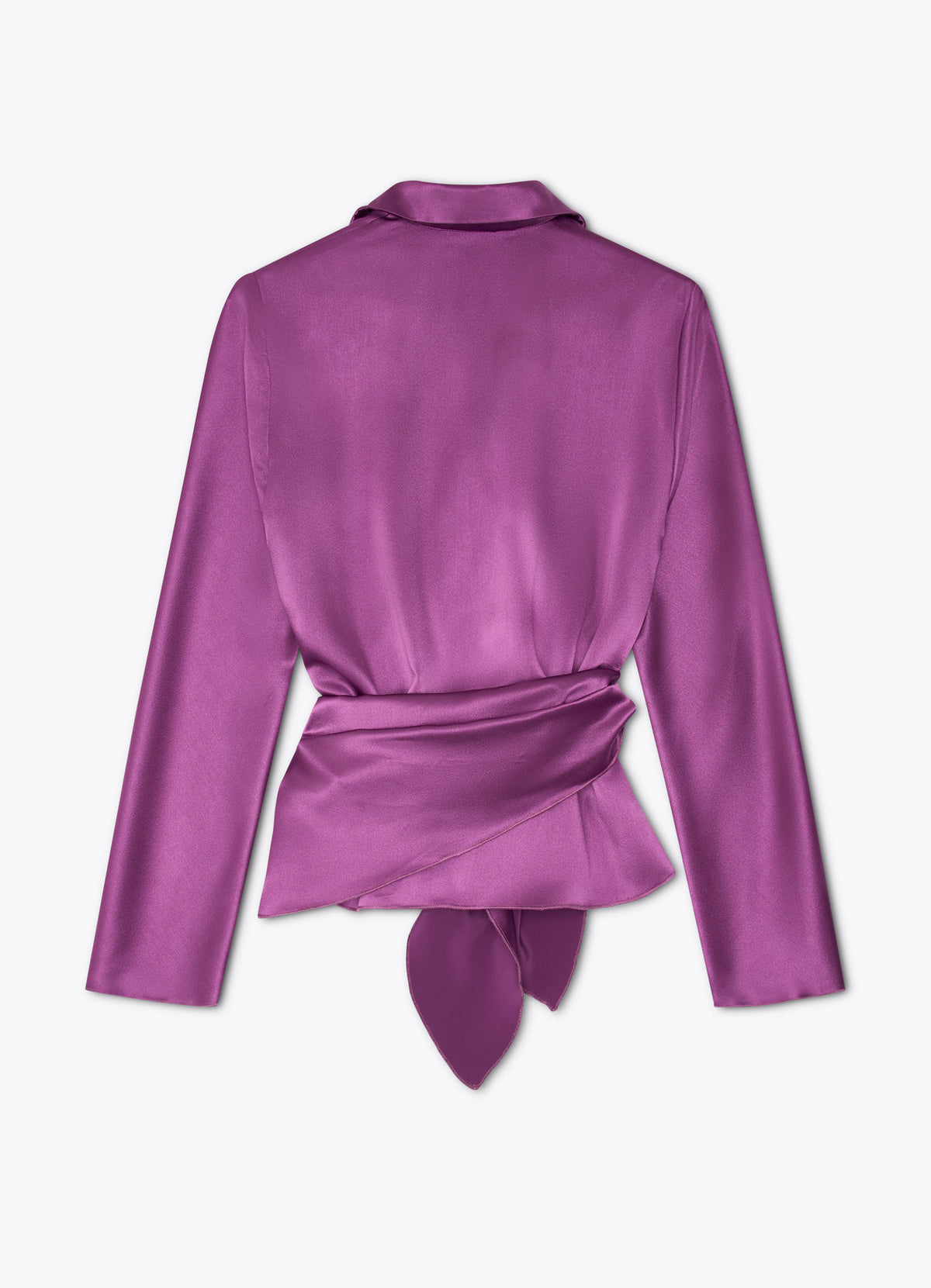 Satin wrap blouse in light purple back view with wrap tie and long sleeves