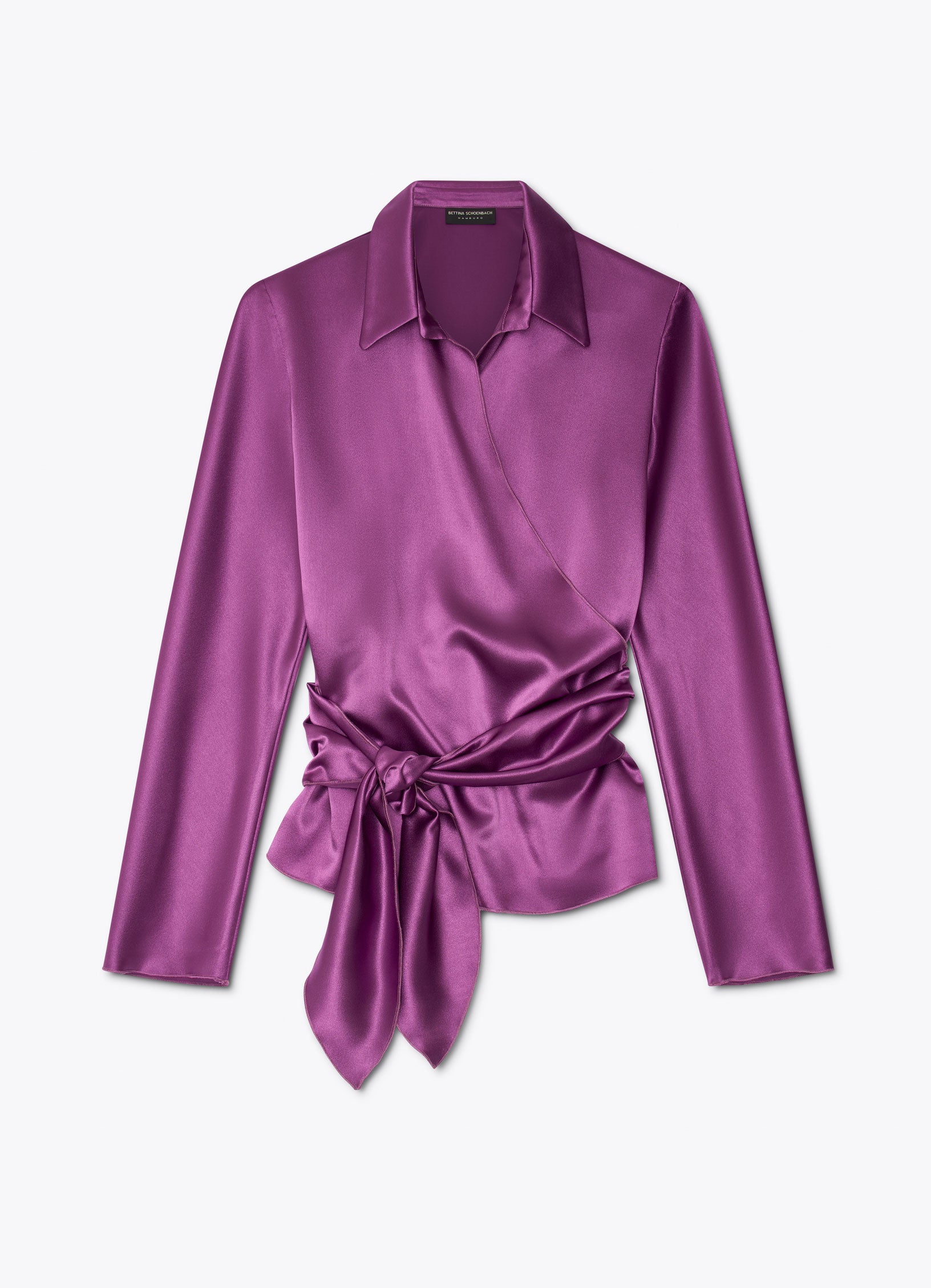 Satin wrap blouse in light purple front view with tie fastening and long sleeves