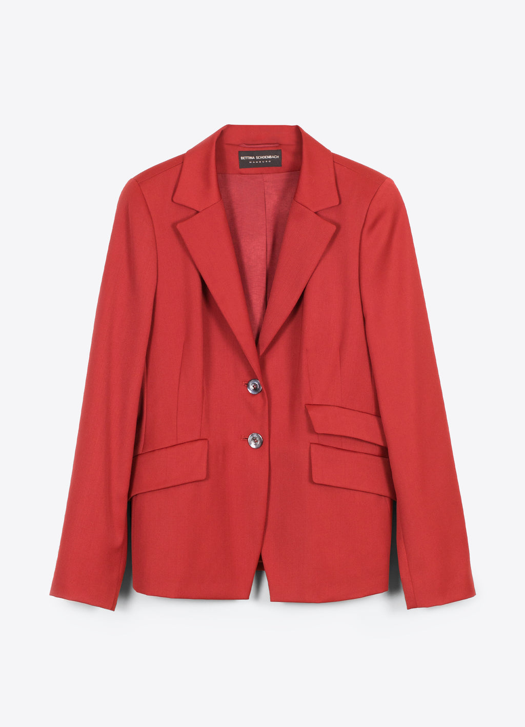 SCHOENBACH red wool satin jacket with notched lapels and tailored silhouette, front view