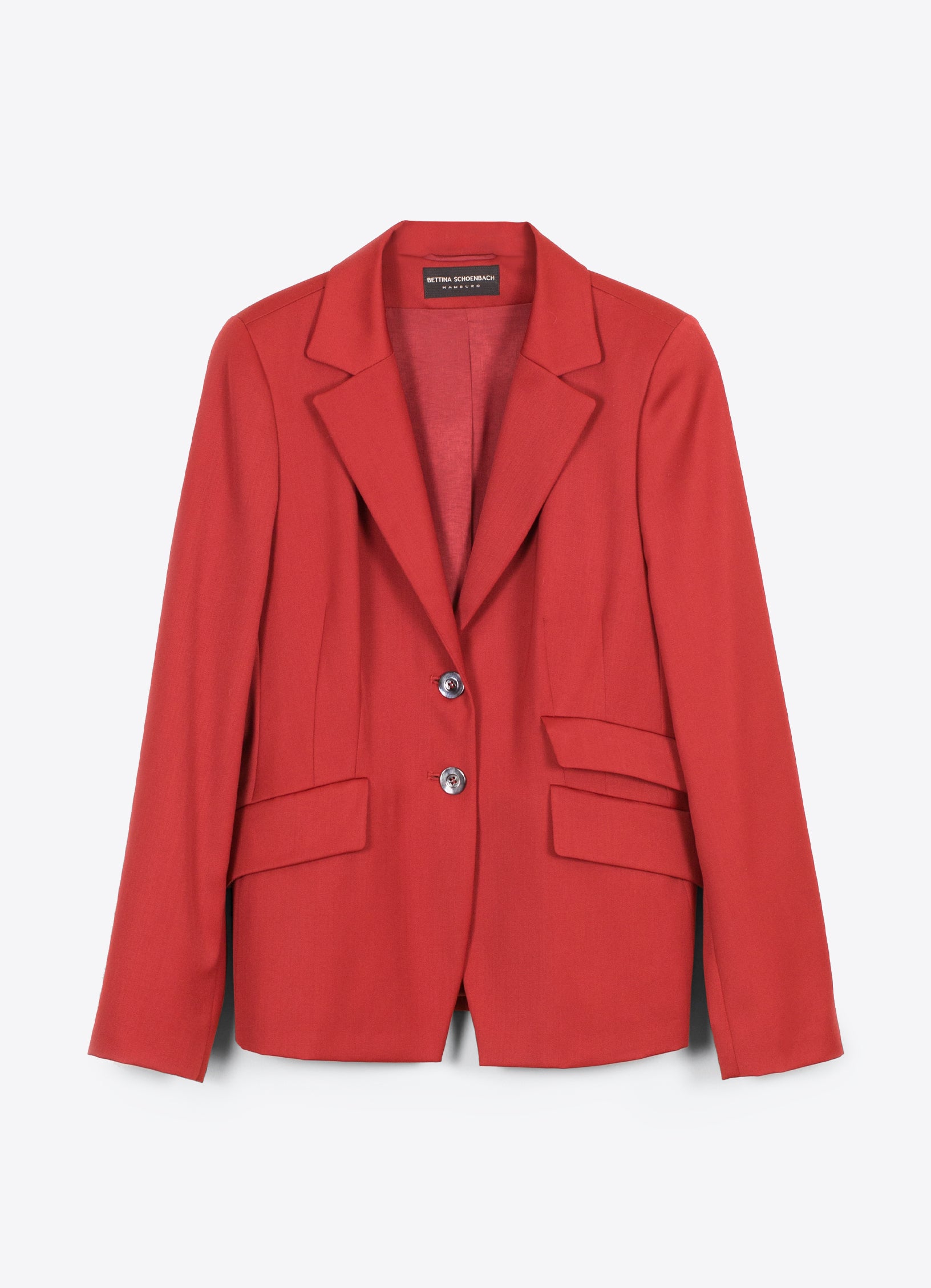 SCHOENBACH red wool satin jacket with notched lapels and tailored silhouette, front view