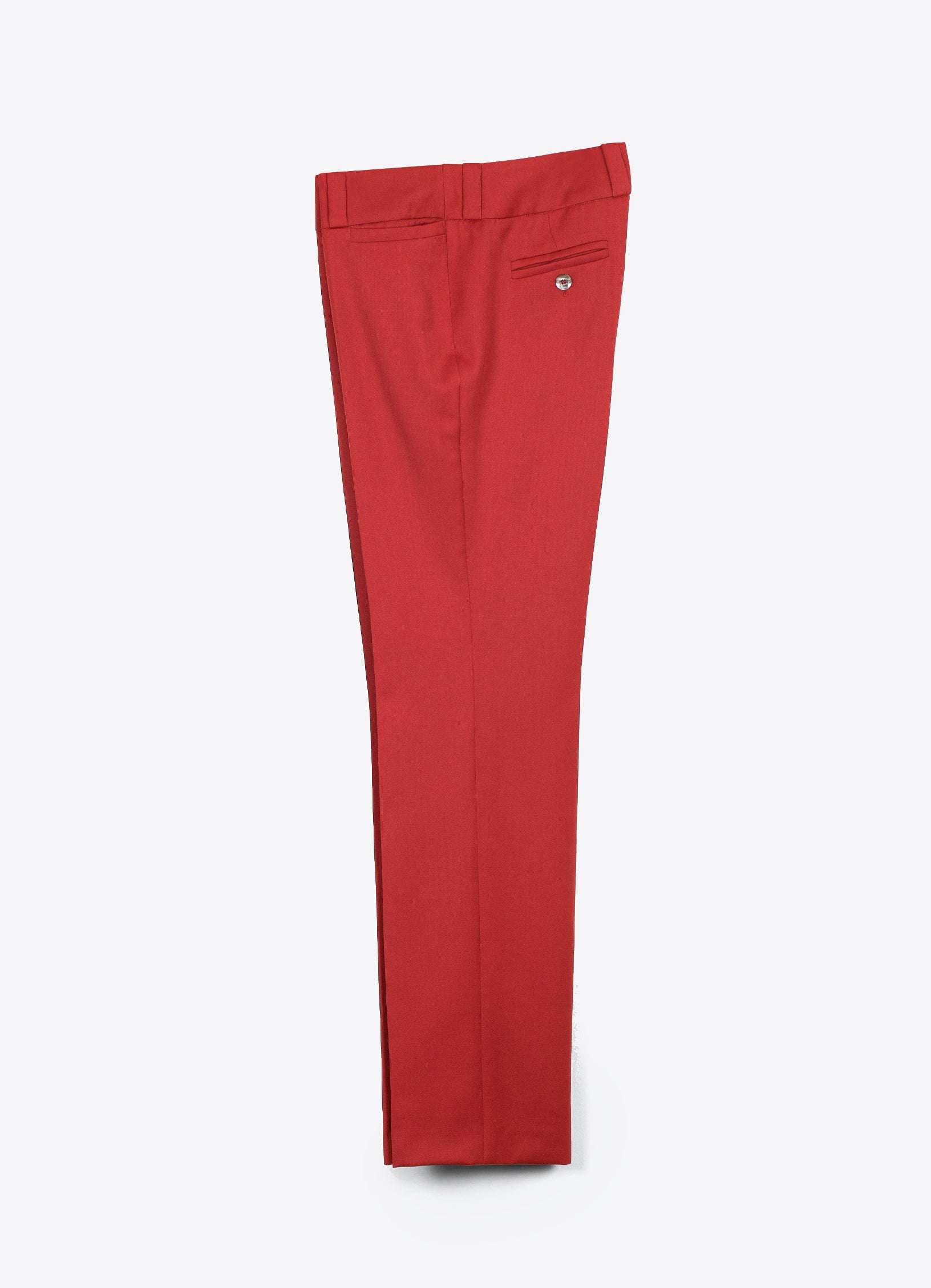 SCHOENBACH red wool satin trousers with straight-leg silhouette and pressed creases, front view
