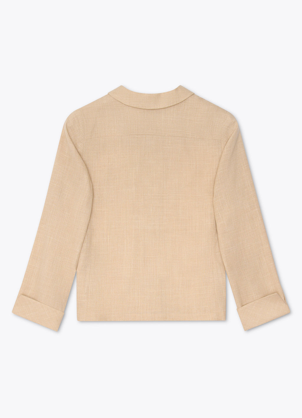 Back view of sand wool-cashmere shirt jacket with clean straight cut