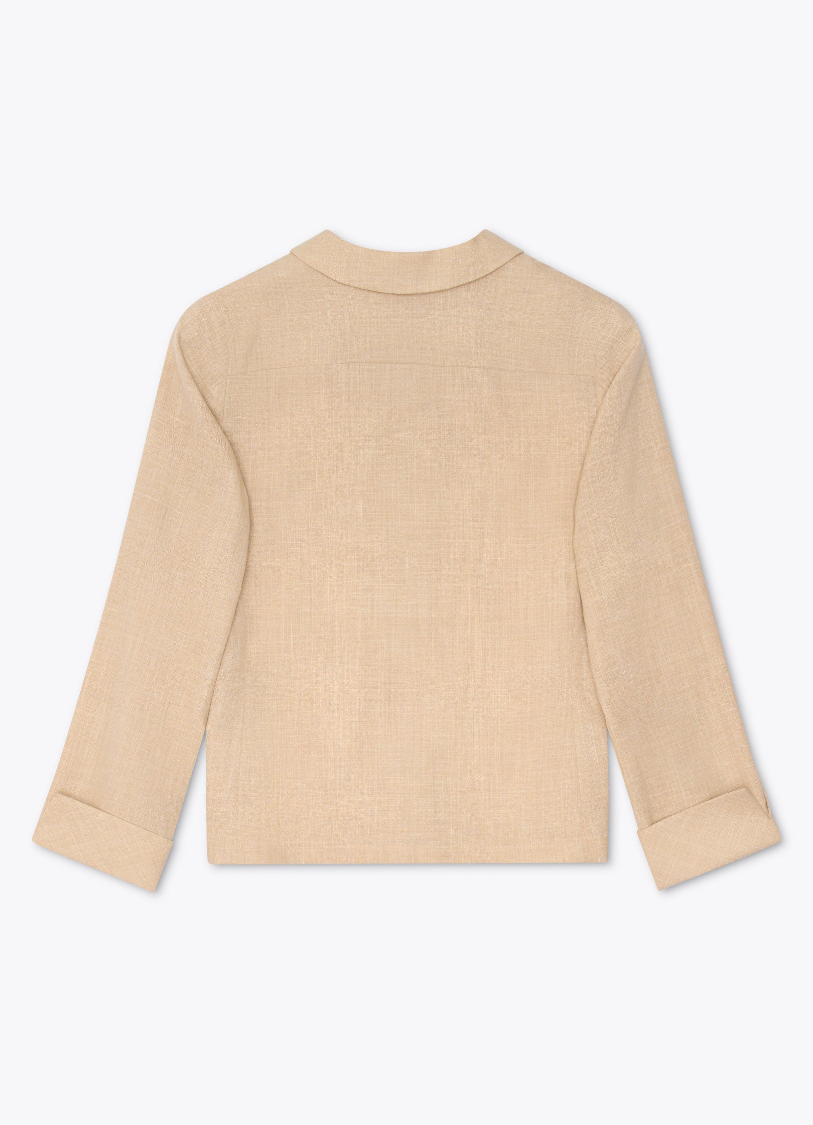Back view of sand wool-cashmere shirt jacket with clean straight cut