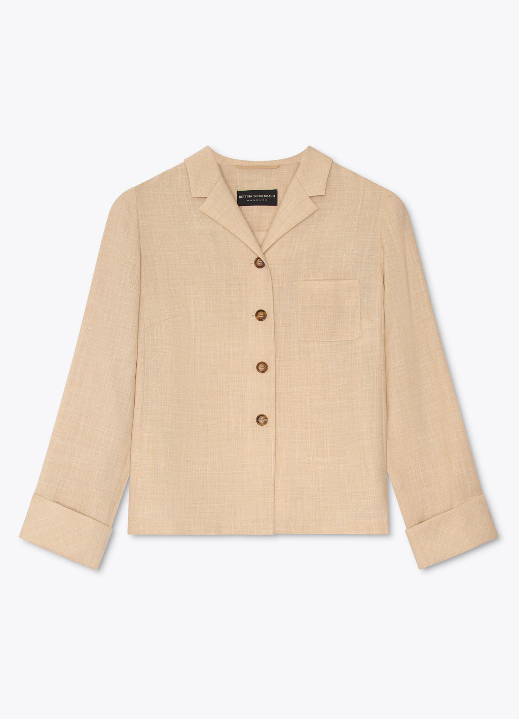 Sand wool-cashmere shirt jacket with horn buttons and straight silhouette