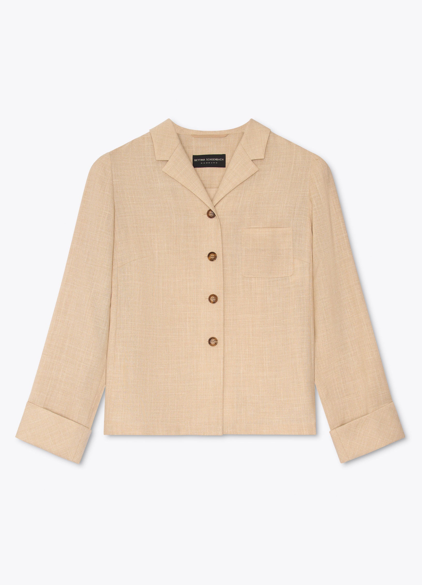 Sand wool-cashmere shirt jacket with horn buttons and straight silhouette