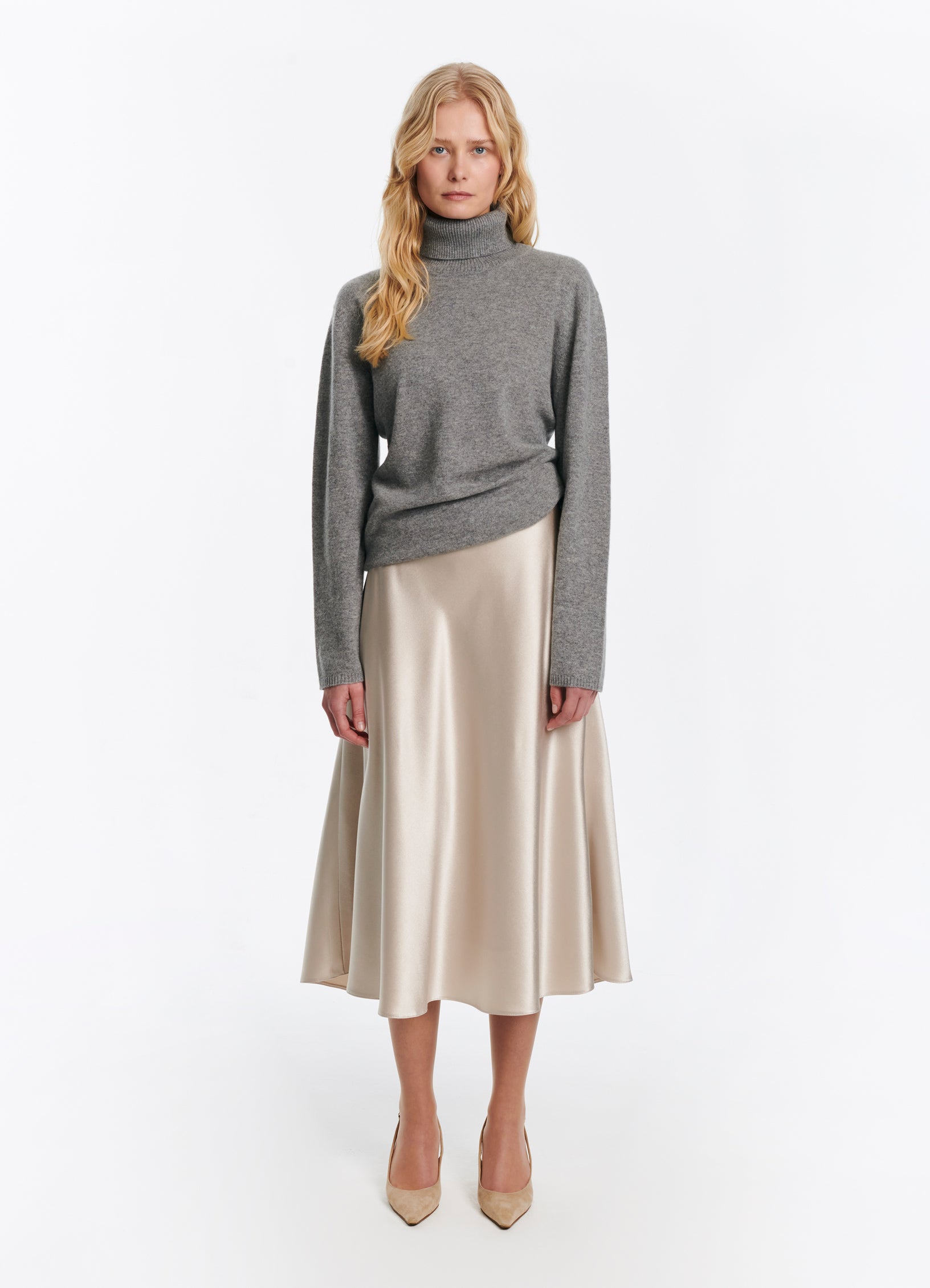 SCHOENBACH satin A-line skirt in beige, front view