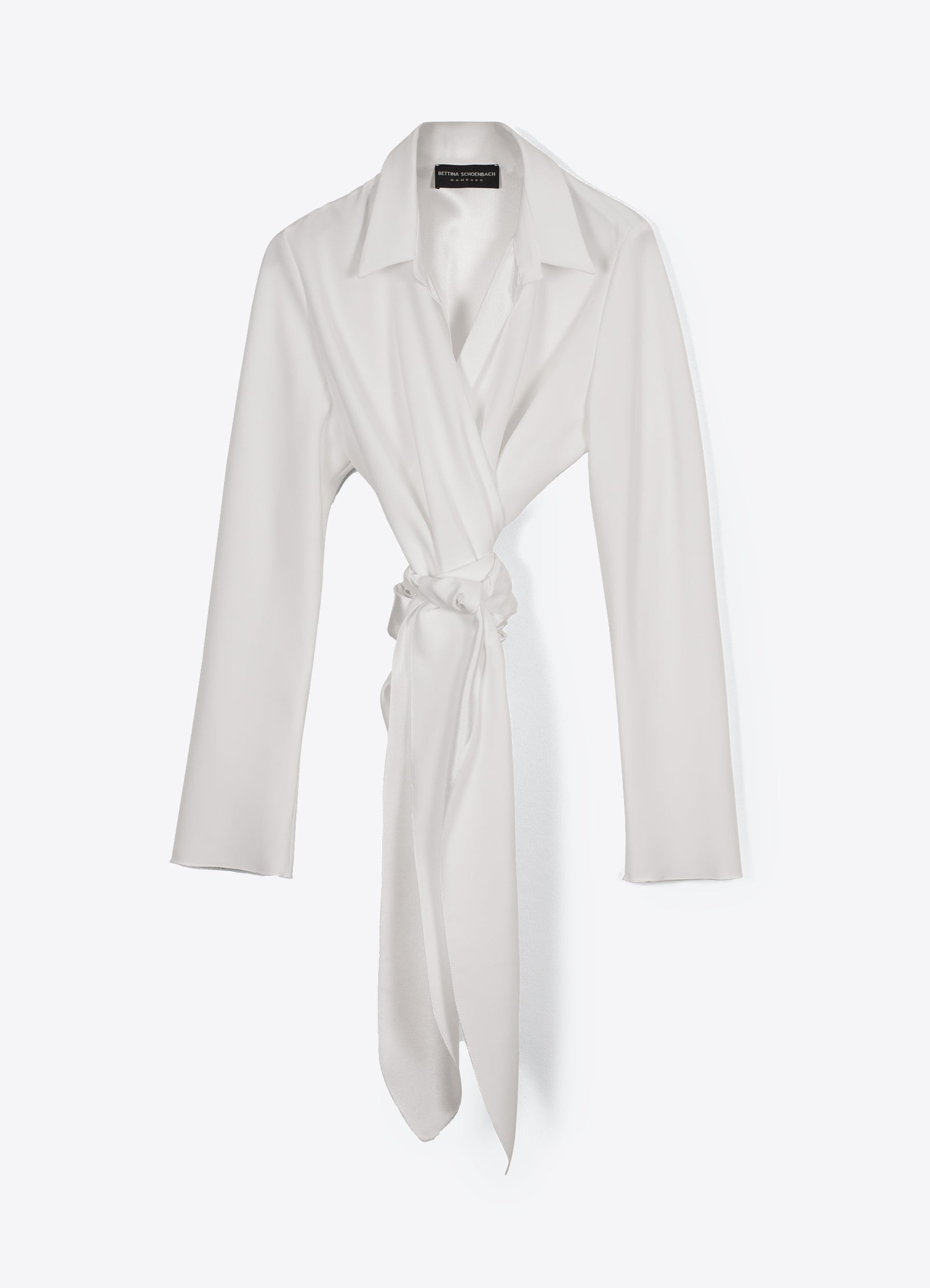 SCHOENBACH satin wrap blouse in white, front view