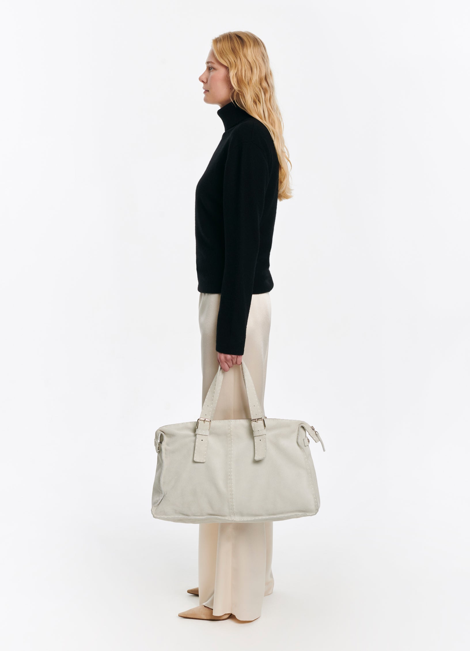 SCHOENBACH Signature handbag in ecru nubuck leather, front view, full model