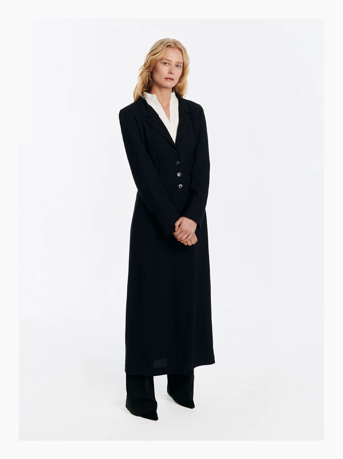Navy long blazer dress jacket with a white shirt
