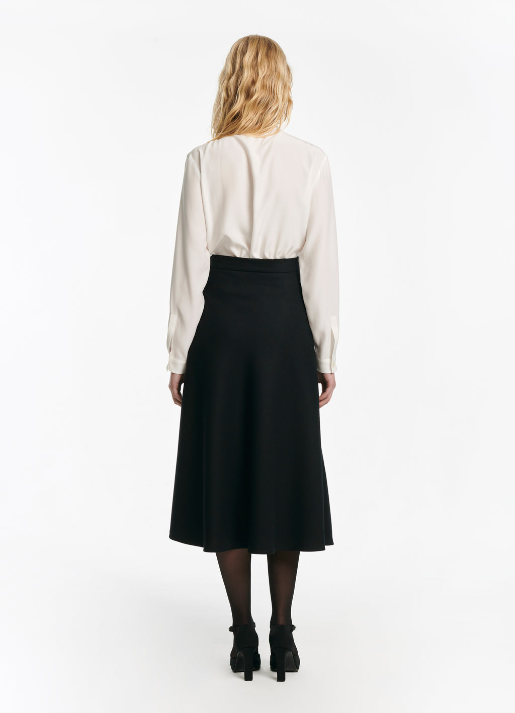 SCHOENBACH signature silk crepe de chine blouse styled with skirt, back view