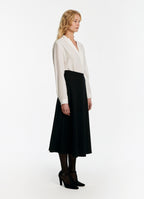 SCHOENBACH signature silk crepe de chine blouse styled with skirt, front view