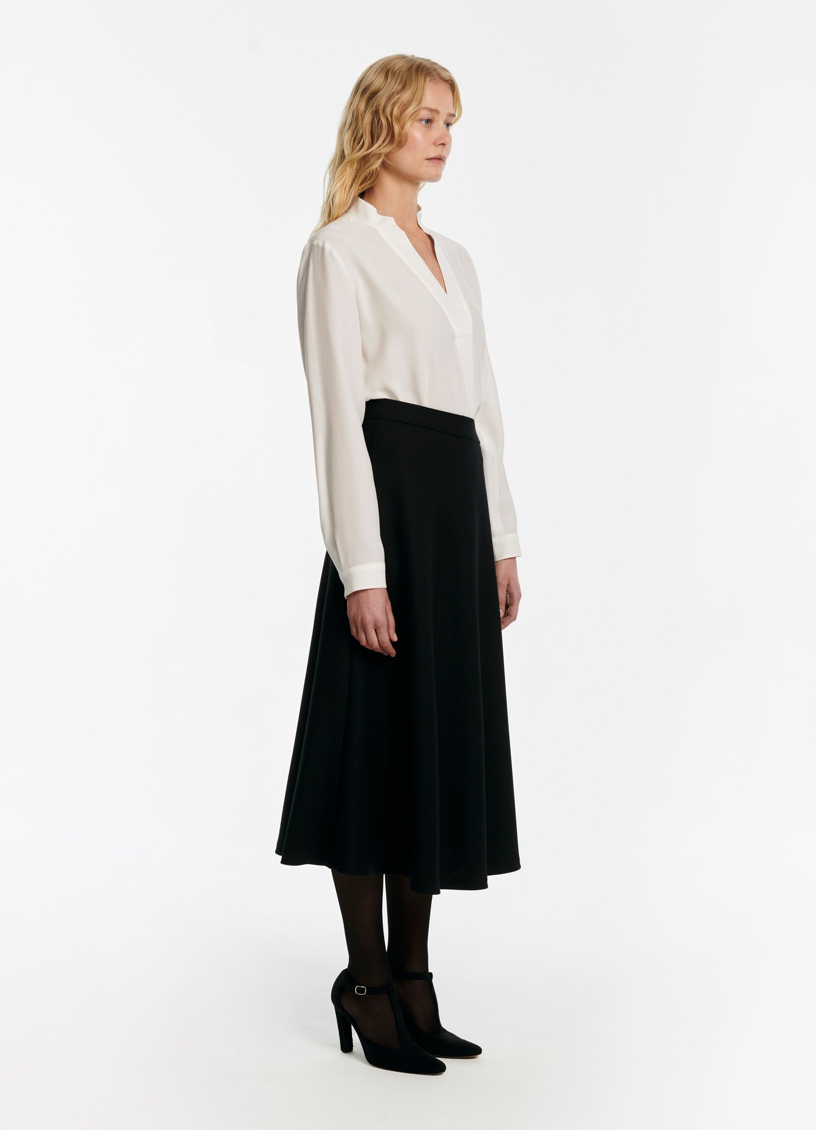 SCHOENBACH signature silk crepe de chine blouse styled with skirt, front view