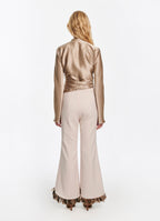 SCHOENBACH signature silk wrap blouse in beige back view