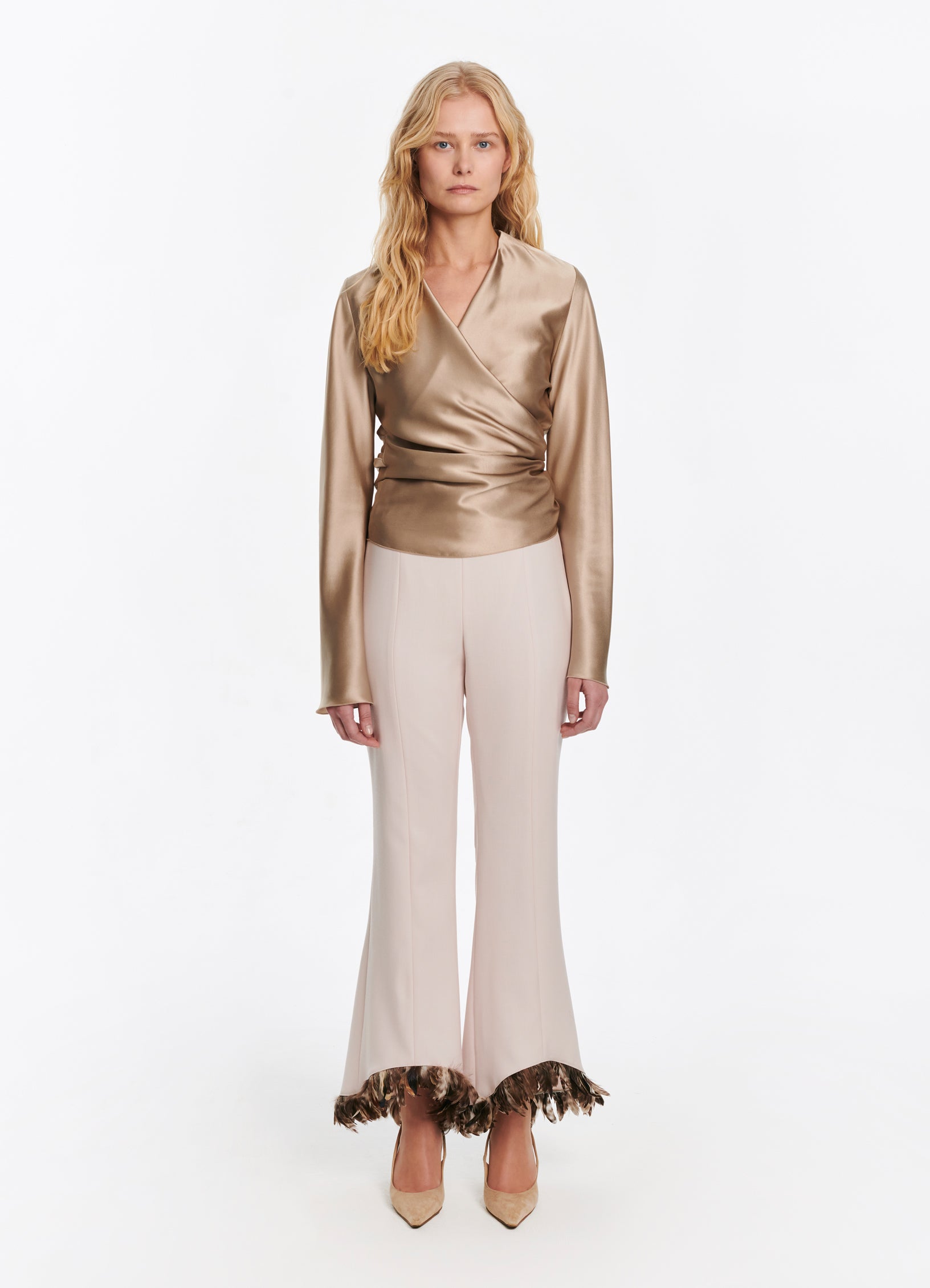 SCHOENBACH signature silk wrap blouse in beige front view