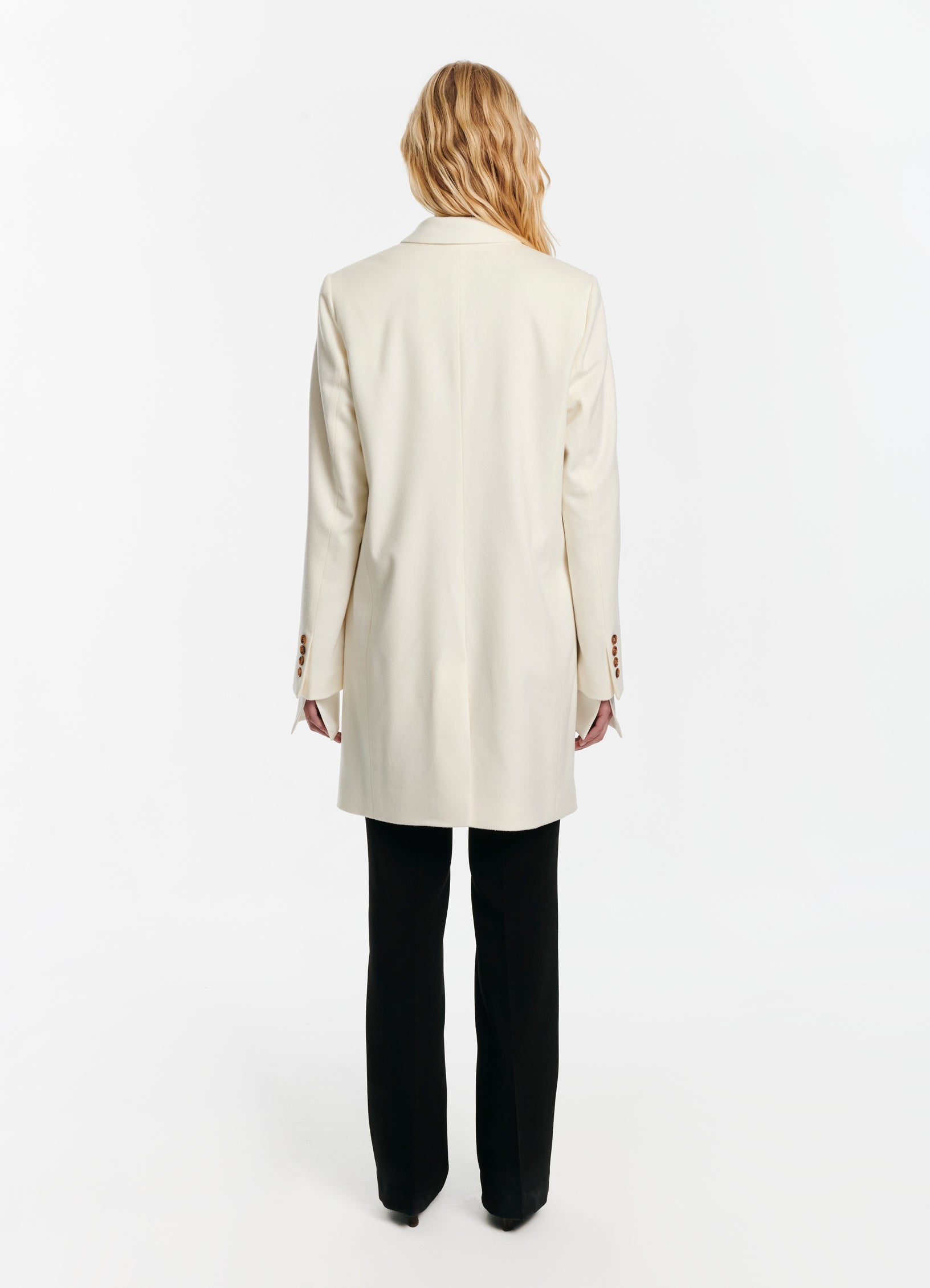 SCHOENBACH stretch-virgin wool car coat in off-white, back view
