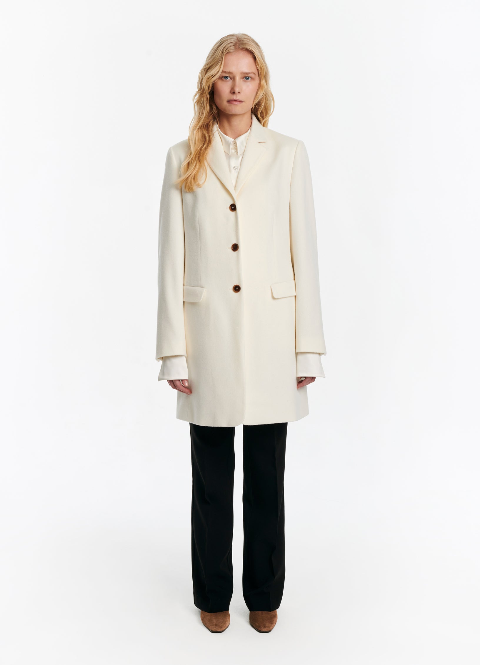SCHOENBACH stretch-virgin wool car coat in off-white, front view