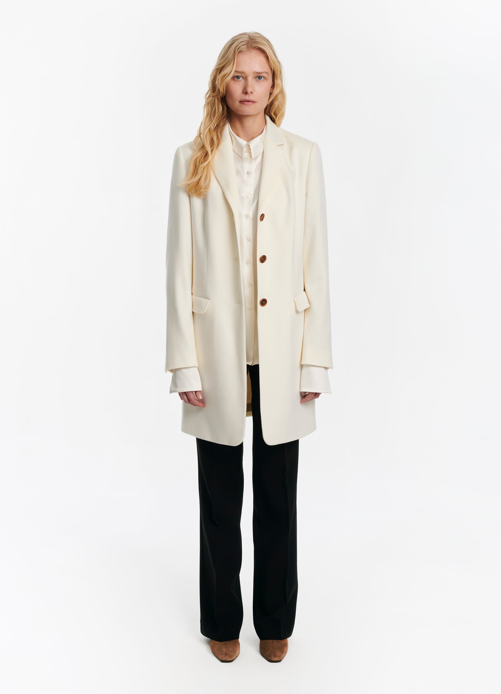 SCHOENBACH stretch-virgin wool car coat in off-white, full length view